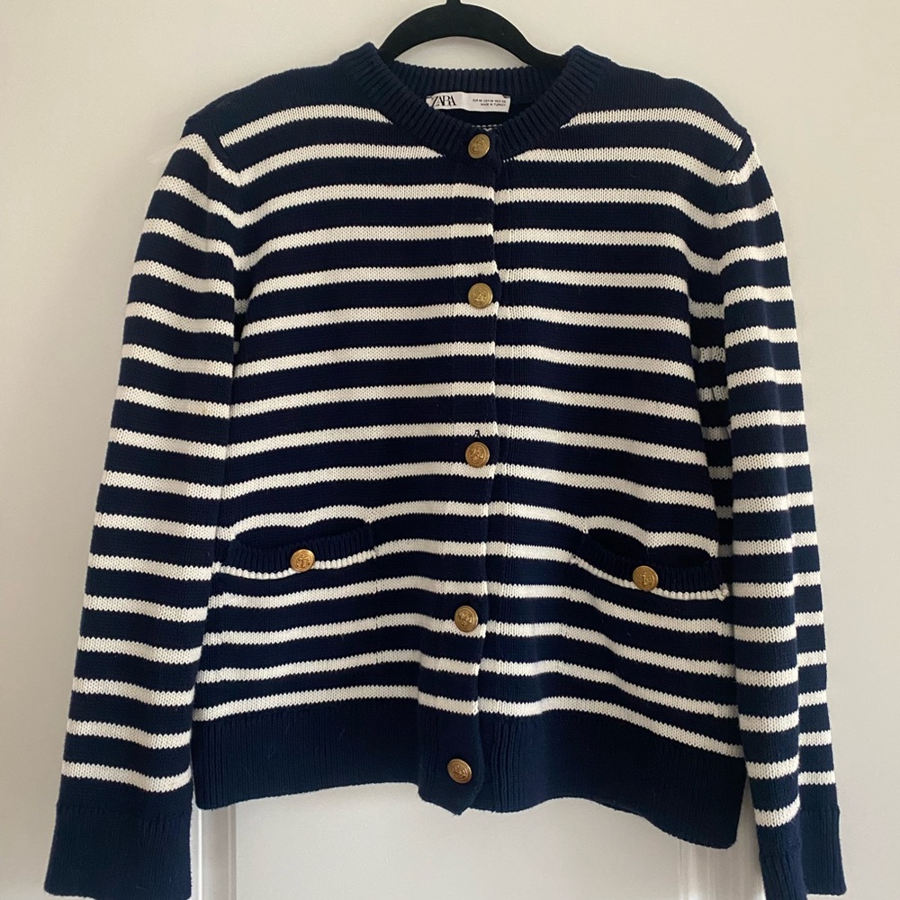 ✨ ZARA Navy & White Striped Knit Cardigan – Gold Button Detail | 100% Cotton